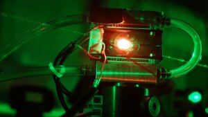 Frequency doubling in a nonlinear optical crystal.