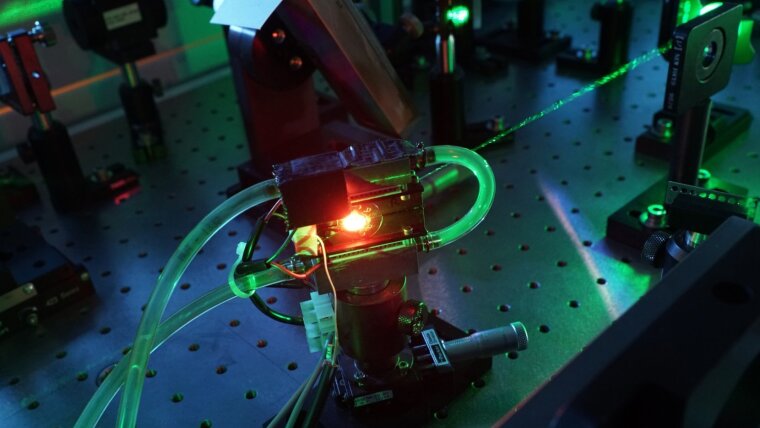 Frequency conversion in a nonlinear optical crystal.